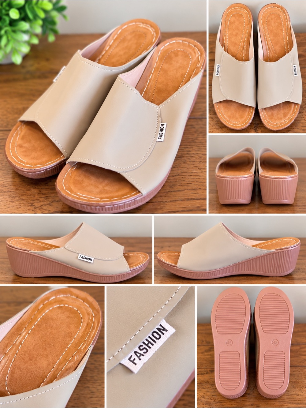 Women's Beige Slide Wedge Sandals